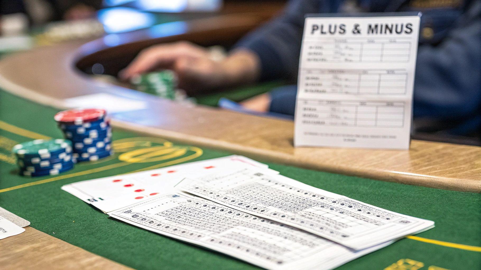 A close-up of a casino betting table with poker chips, game cards, and a 'PLUS & MINUS' score sheet.