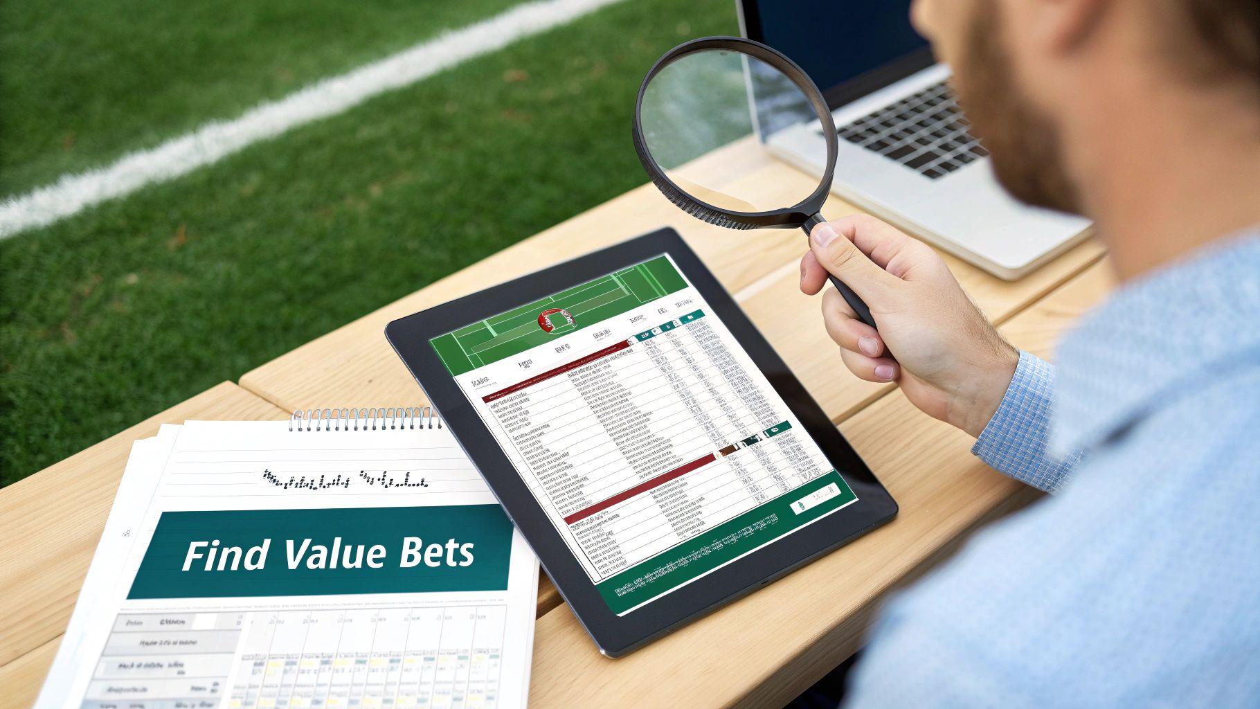 Person analyzing sports betting data on a tablet with a magnifying glass to find value bets.