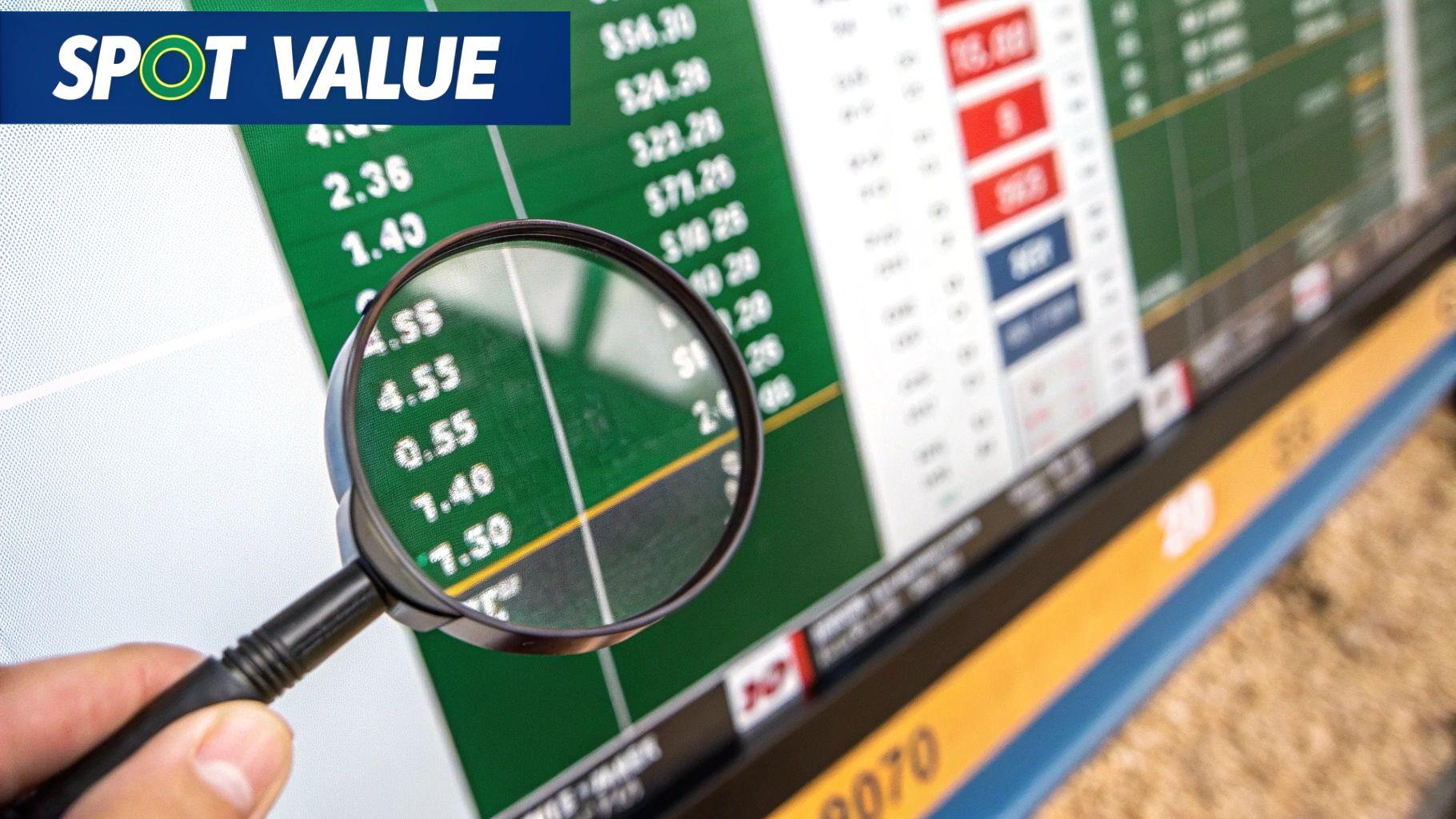 A hand holds a magnifying glass over a screen displaying betting odds and financial numbers, with 'SPOT VALUE' logo.
