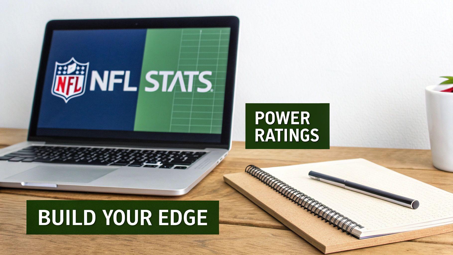 Laptop displaying NFL stats and power ratings for building betting strategy edge with notebook