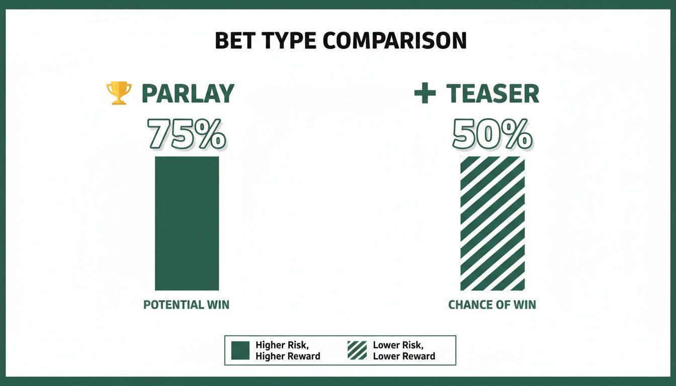Infographic comparing Parlay and Teaser bet types, highlighting potential win and risk levels.