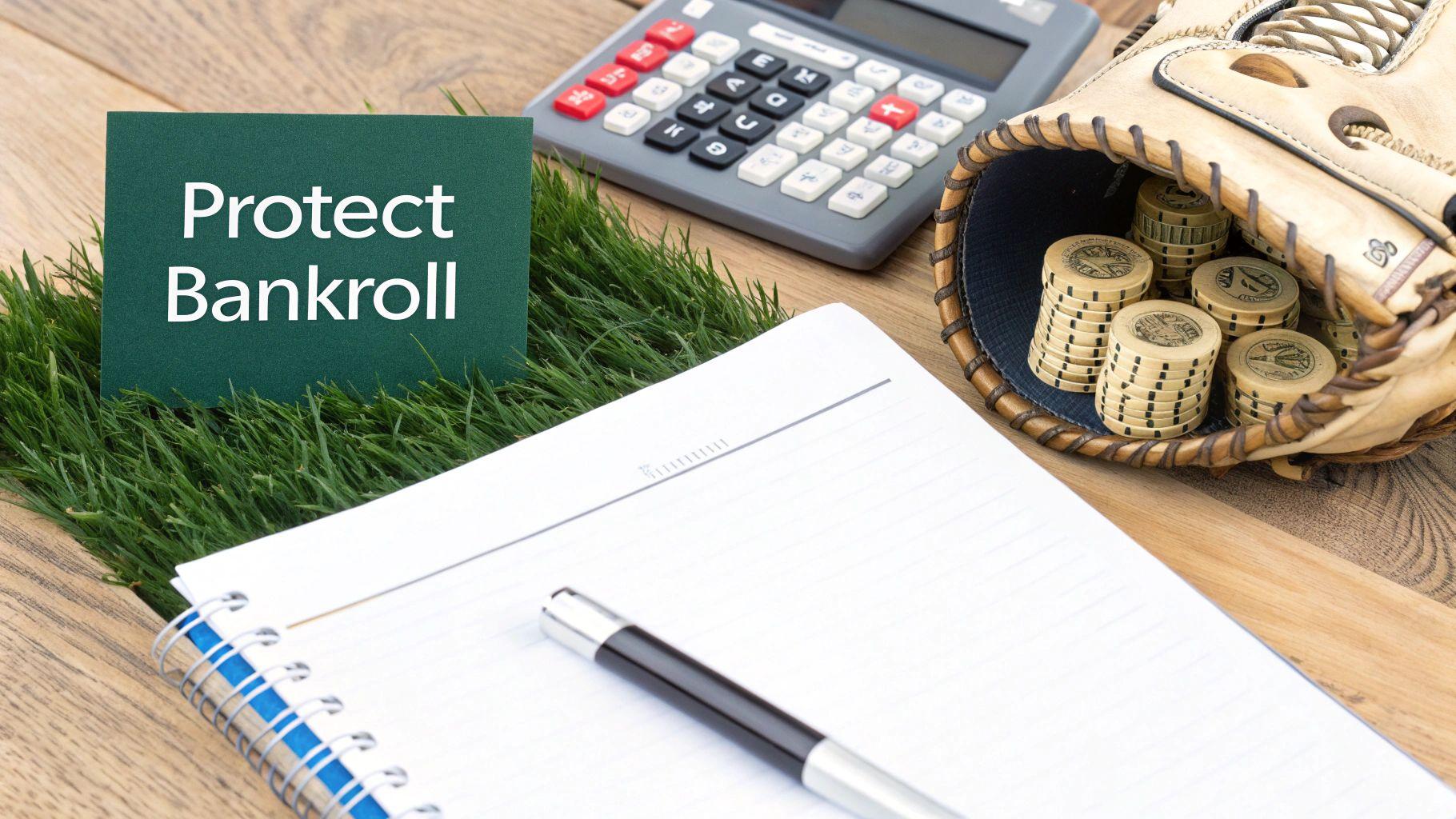 Bankroll management concept with calculator, coins in baseball glove, and financial planning notebook