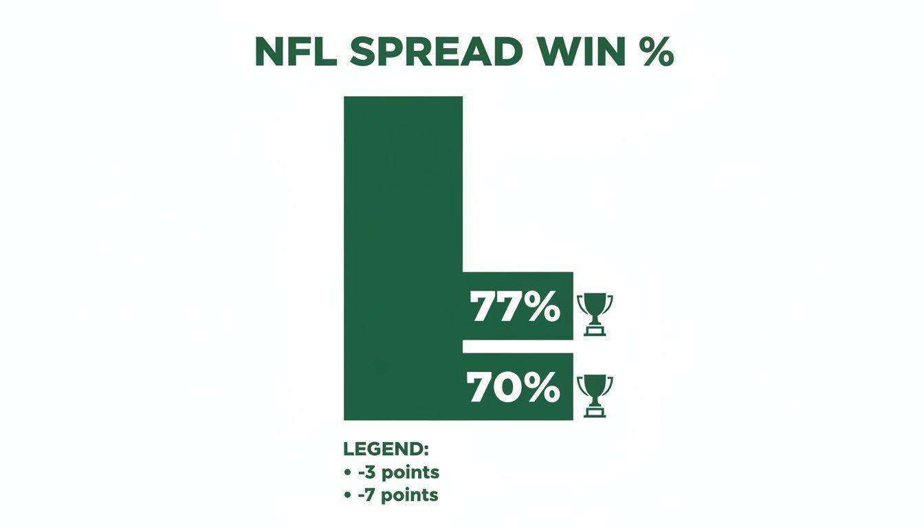 Bar chart displaying NFL spread win percentages: 77% for -3 points and 70% for -7 points.