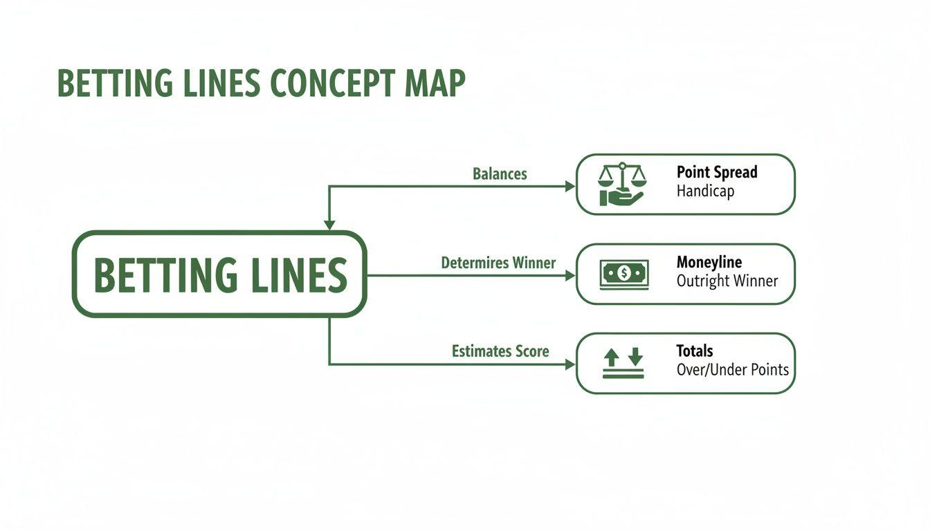 A concept map explains betting lines, categorizing them into Point Spread, Moneyline, and Totals.