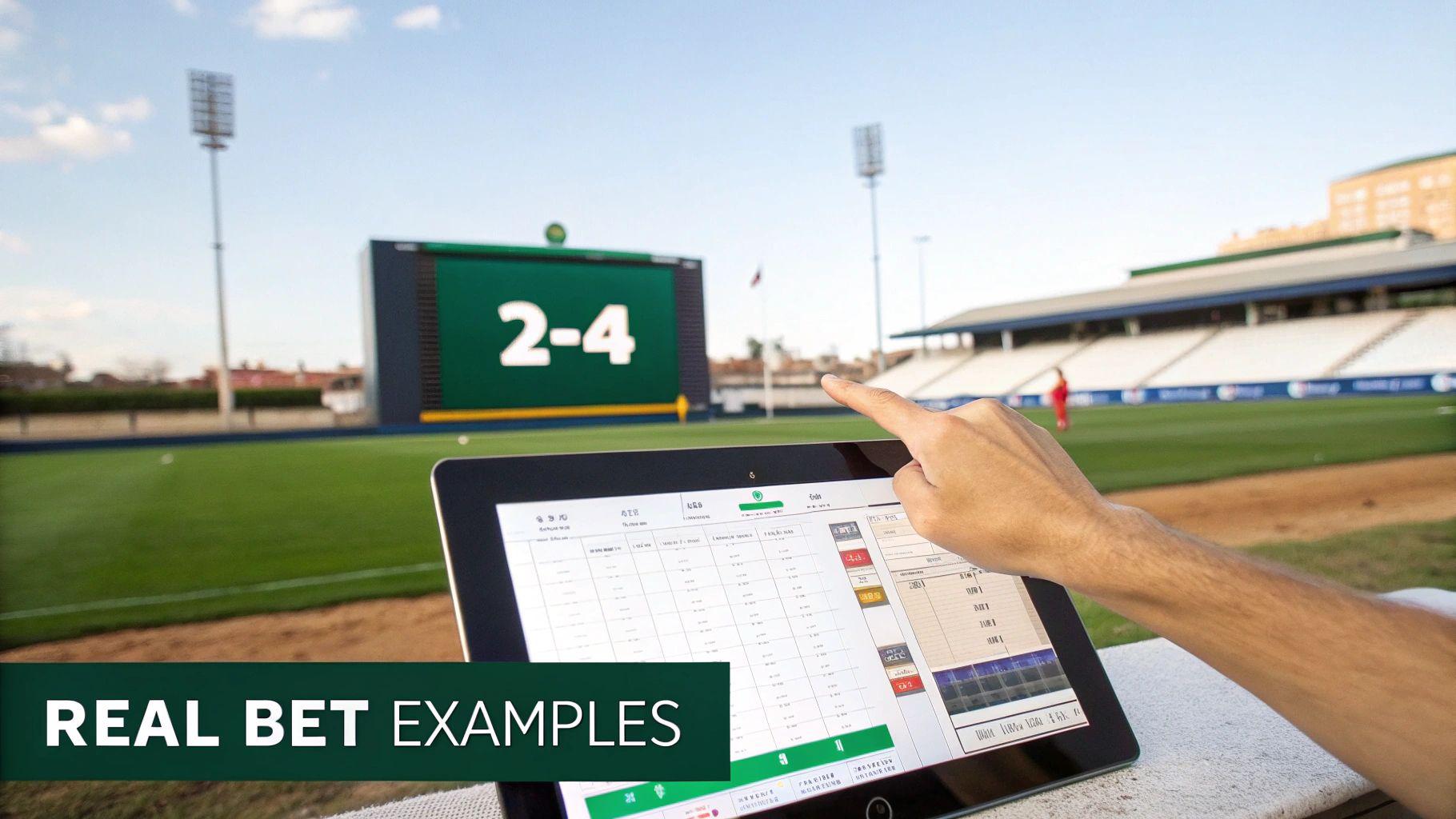A person uses a tablet to track live sports betting odds at a stadium with a scoreboard.