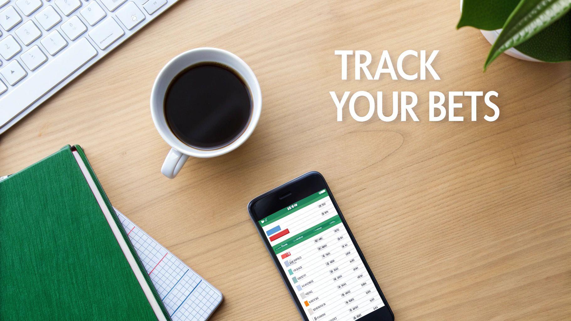 Overhead view of a desk with a keyboard, coffee, notebook, and a phone displaying a 'TRACK YOUR BETS' app.