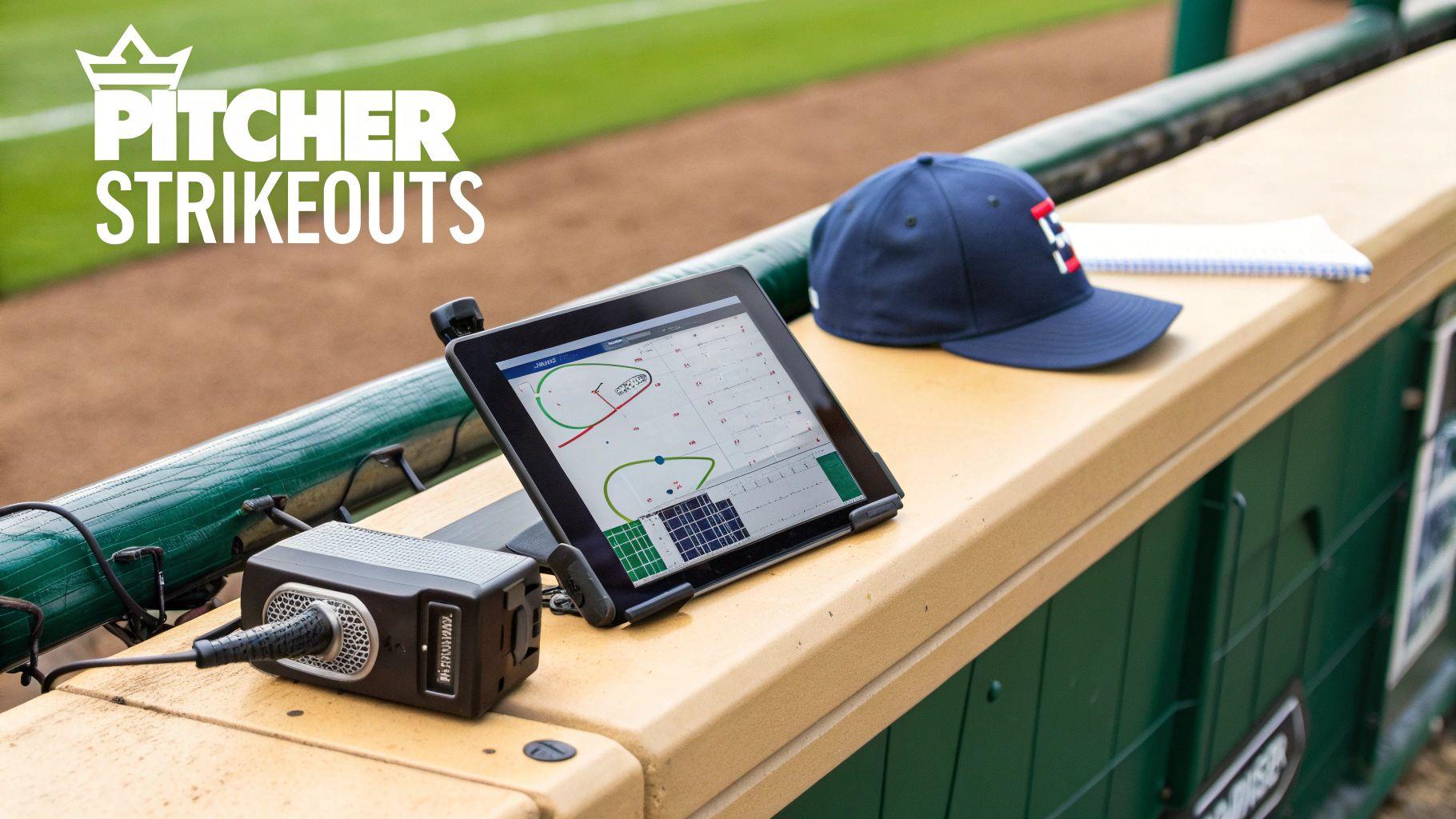 Baseball dugout showing a tablet with pitch tracking data, a baseball cap, and a device on the bench.