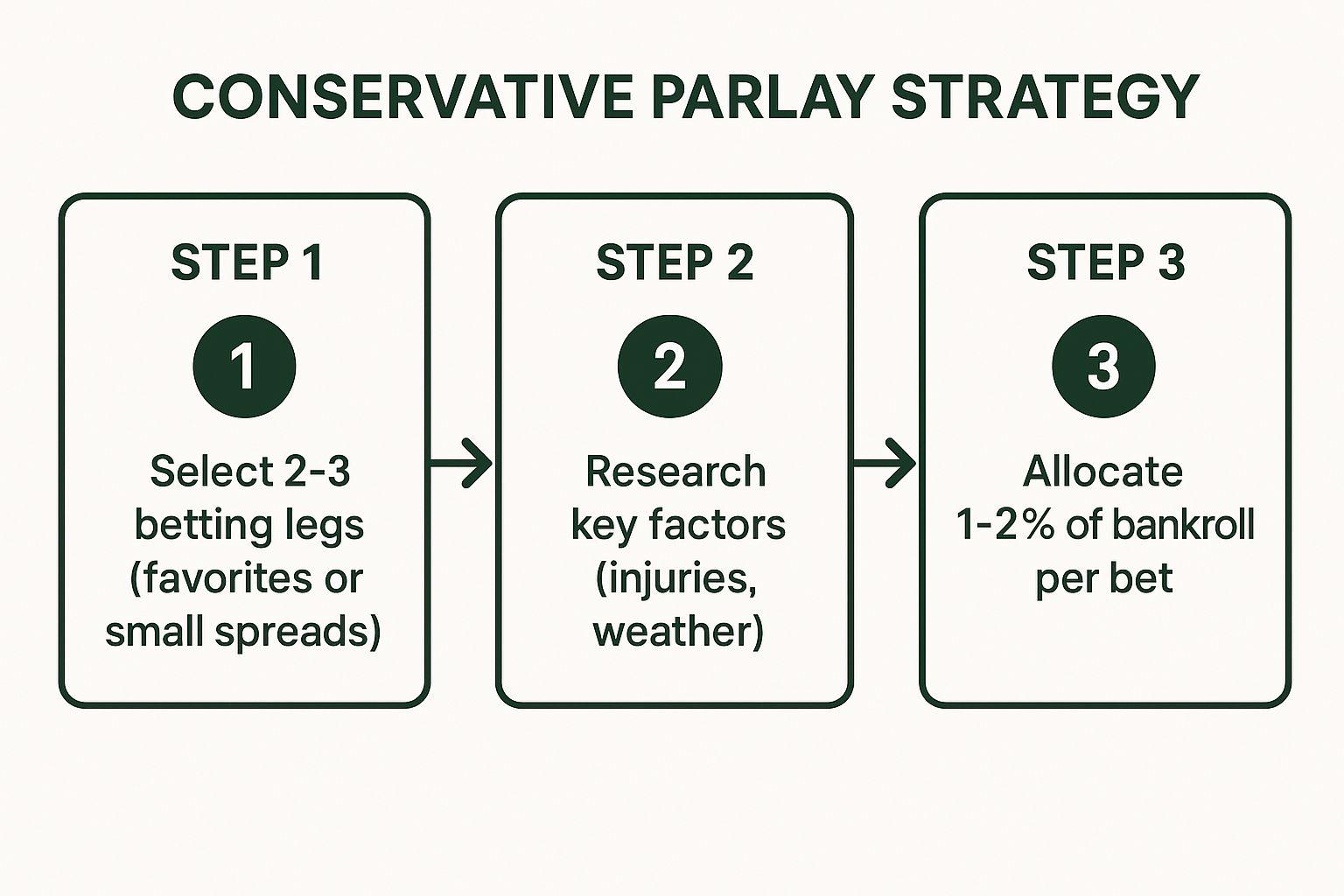 Infographic illustrating the three sequential steps of the Conservative Parlay Strategy: Step 1: Select 2–3 betting legs (favorites or small spreads); Step 2: Research key factors (injuries, weather); Step 3: Allocate 1–2% of bankroll per bet.