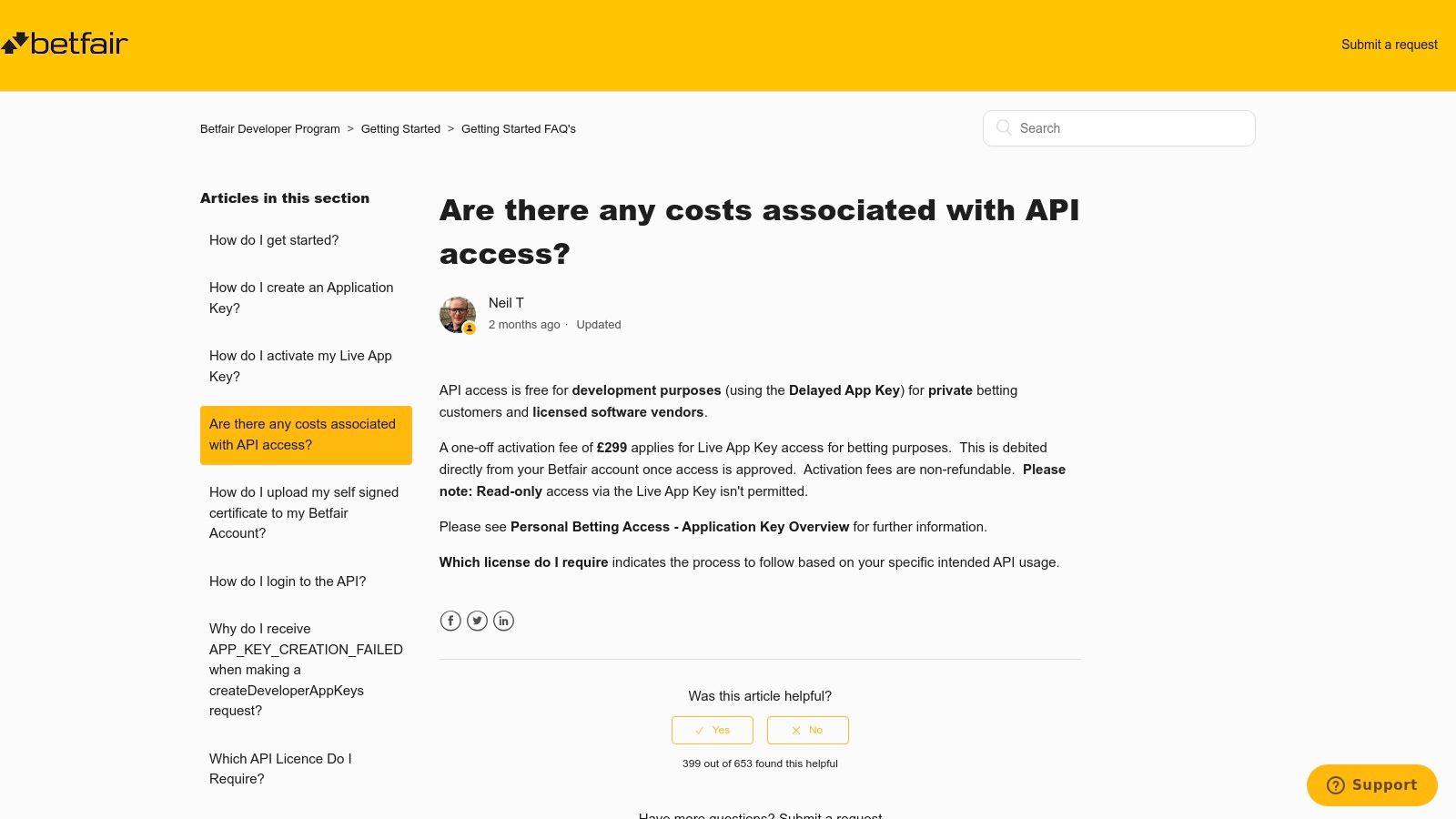 Betfair Exchange API Costs